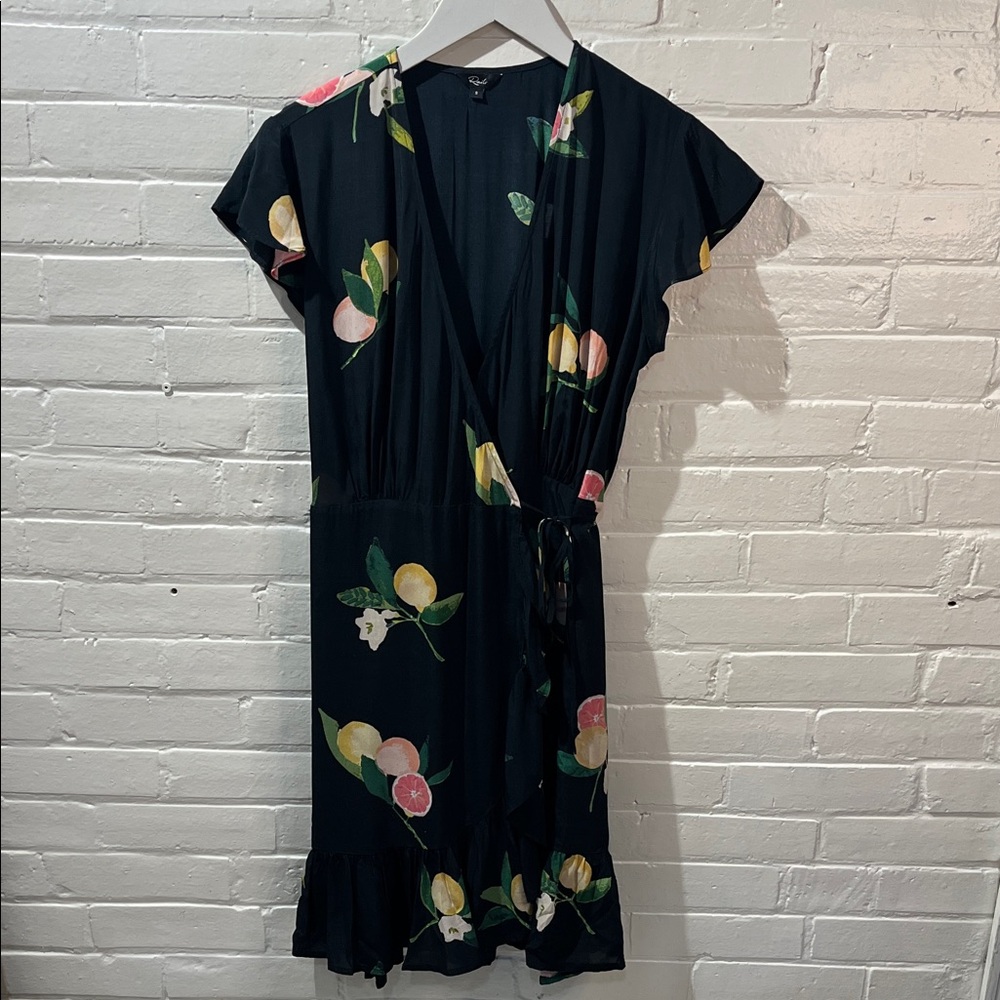 Rails Black Wrap Midi Dress with Pink & Yellow Citrus Print